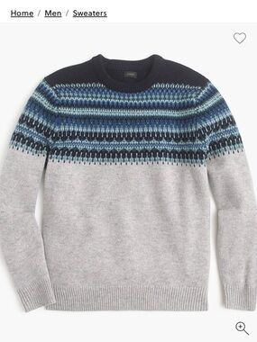 J. Crew Factory Gray Crewneck Lambswool Sweater with Blue Patterned Yoke